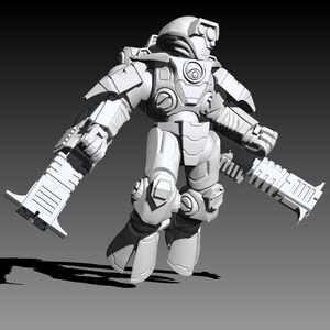May include: A matte white unpainted miniature figure of a futuristic armored soldier in a dynamic pose. The figure wears heavy segmented plating, a helmet with a visor, and holds a large rectangular firearm in each hand with extended barrels.