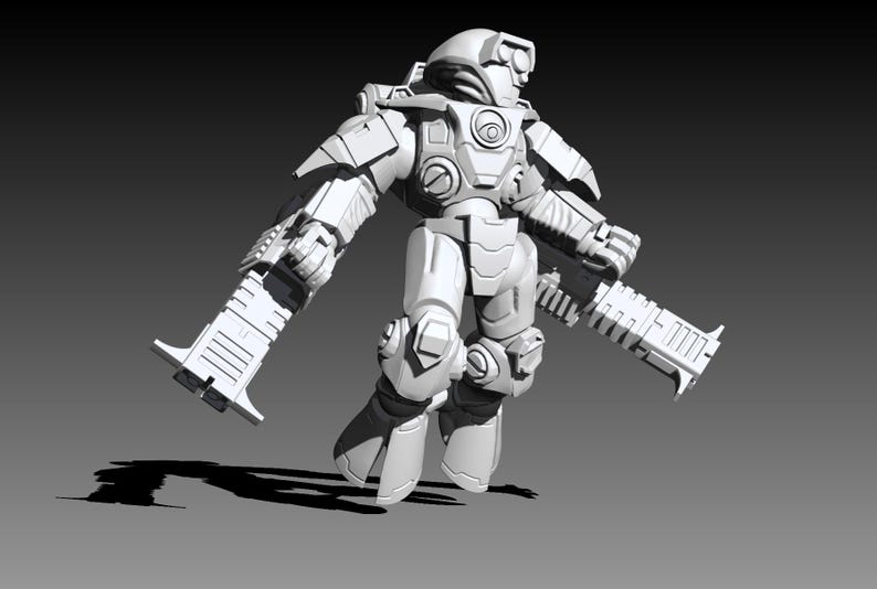 May include: A matte white unpainted miniature figure of a futuristic armored soldier in a dynamic pose. The figure wears heavy segmented plating, a helmet with a visor, and holds a large rectangular firearm in each hand with extended barrels.