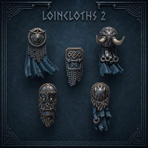 Puede incluir: Un conjunto de cinco taparrabos decorativos en miniatura etiquetados como LOINCLOTHS 2, con texturas de tela azul oscuro, detalles metálicos en tono bronce, malla de cadena, protuberancias tipo cuerno y patrones geométricos.