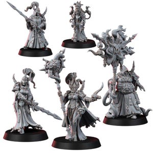 May include: A set of five unpainted gray miniature figures on black circular bases. The figures include armored warriors with long swords, a robed figure with a staff topped by an eye, and a large hooded character holding a tall, ornate banner.