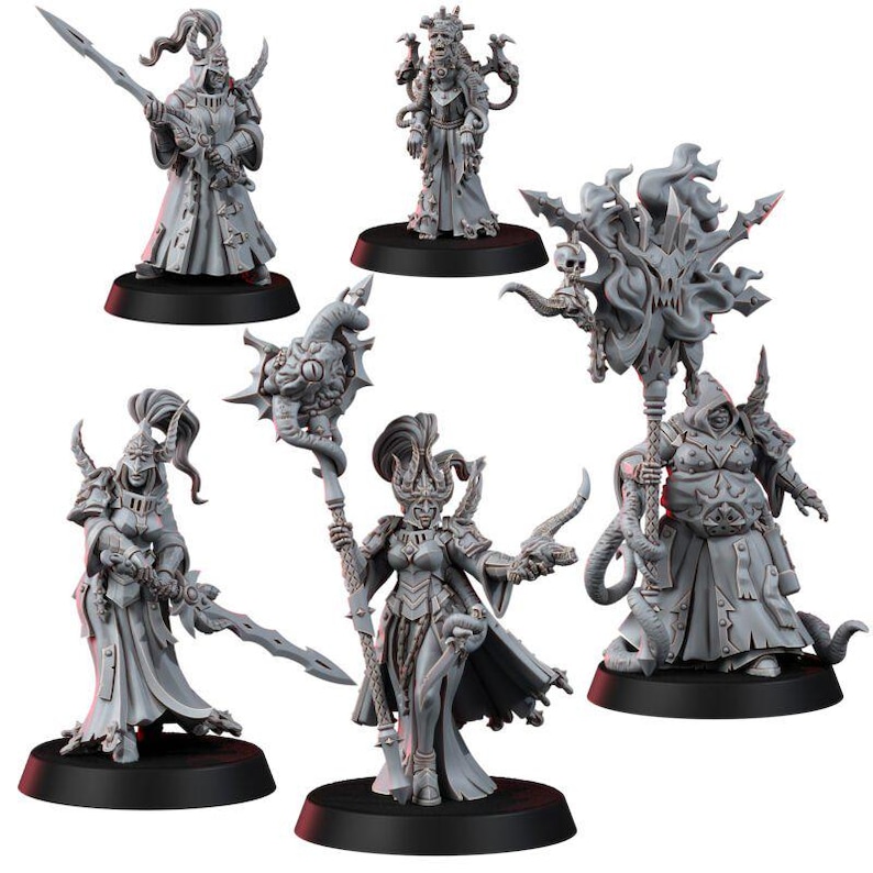 May include: A set of five unpainted gray miniature figures on black circular bases. The figures include armored warriors with long swords, a robed figure with a staff topped by an eye, and a large hooded character holding a tall, ornate banner.