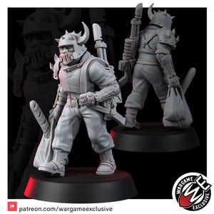 May include: A grey miniature figure of a soldier wearing a horned helmet and spiked shoulder armor. The figure carries a long rifle on the back and holds a baguette in one hand. A second view shows the figure from behind with a sack in the other hand.