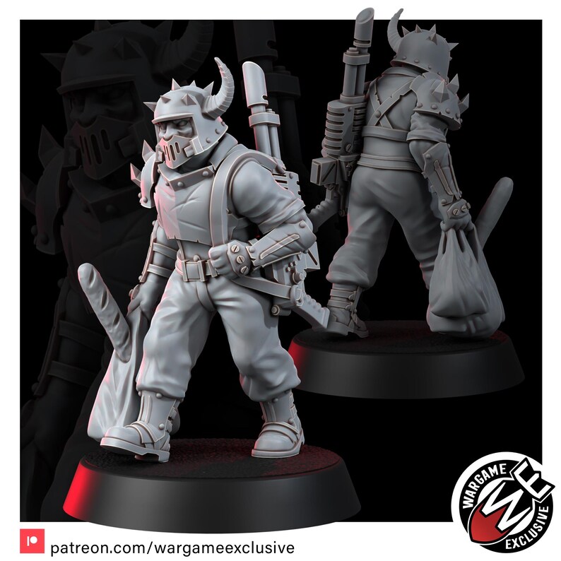 May include: A grey miniature figure of a soldier wearing a horned helmet and spiked shoulder armor. The figure carries a long rifle on the back and holds a baguette in one hand. A second view shows the figure from behind with a sack in the other hand.