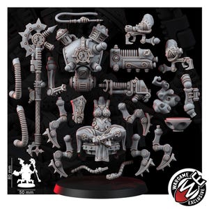 K&ouml;nnte beinhalten: Ein grauer Resin-Miniaturenbausatz mit einer sitzenden Figur, einem gro&szlig;en Stab, mechanischen Gliedma&szlig;en und verschiedenen Industriekomponenten. Eine Skala zeigt, dass die montierte Figur 80 mm hoch und 50 mm breit ist. Mit Wargame Exclusive Branding.