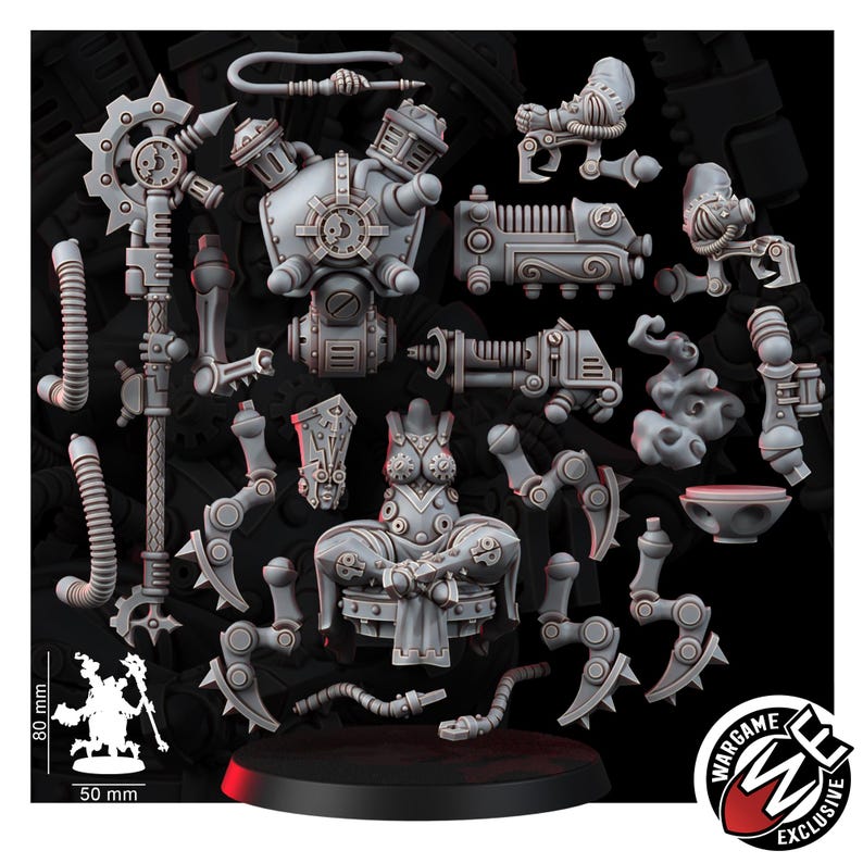 K&ouml;nnte beinhalten: Ein grauer Resin-Miniaturenbausatz mit einer sitzenden Figur, einem gro&szlig;en Stab, mechanischen Gliedma&szlig;en und verschiedenen Industriekomponenten. Eine Skala zeigt, dass die montierte Figur 80 mm hoch und 50 mm breit ist. Mit Wargame Exclusive Branding.