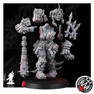 K&ouml;nnte beinhalten: Ein graues Resin-Miniaturen-Set mit einem weiblichen Ork-Krieger-Torso, einem geh&ouml;rnten Kopf, stacheligen Schulterpanzern, einem Stachelstreitkolben, einem G&uuml;rtel mit Totenkopf-Motiv und einem Rucksack. Ein Diagramm zeigt 66 mm H&ouml;he und 40 mm Breite.