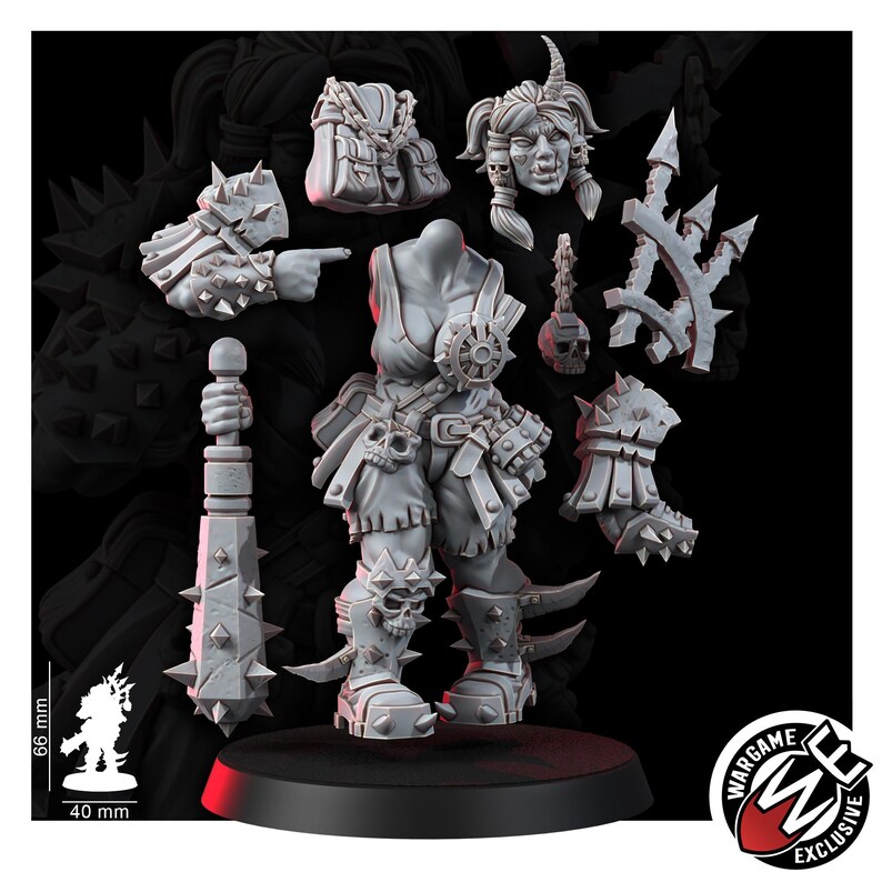 K&ouml;nnte beinhalten: Ein graues Resin-Miniaturen-Set mit einem weiblichen Ork-Krieger-Torso, einem geh&ouml;rnten Kopf, stacheligen Schulterpanzern, einem Stachelstreitkolben, einem G&uuml;rtel mit Totenkopf-Motiv und einem Rucksack. Ein Diagramm zeigt 66 mm H&ouml;he und 40 mm Breite.