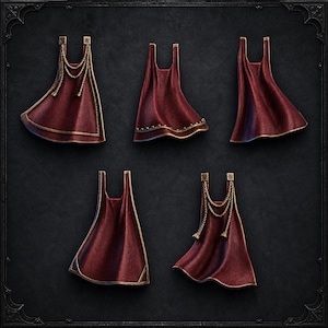 May include: A collection of five miniature dark red capes with gold-toned trim. Two capes feature decorative gold rope detailing with tassels, one cape has a gold-toned studded hem, and two capes have plain gold-toned edges. All items are sleeveless.