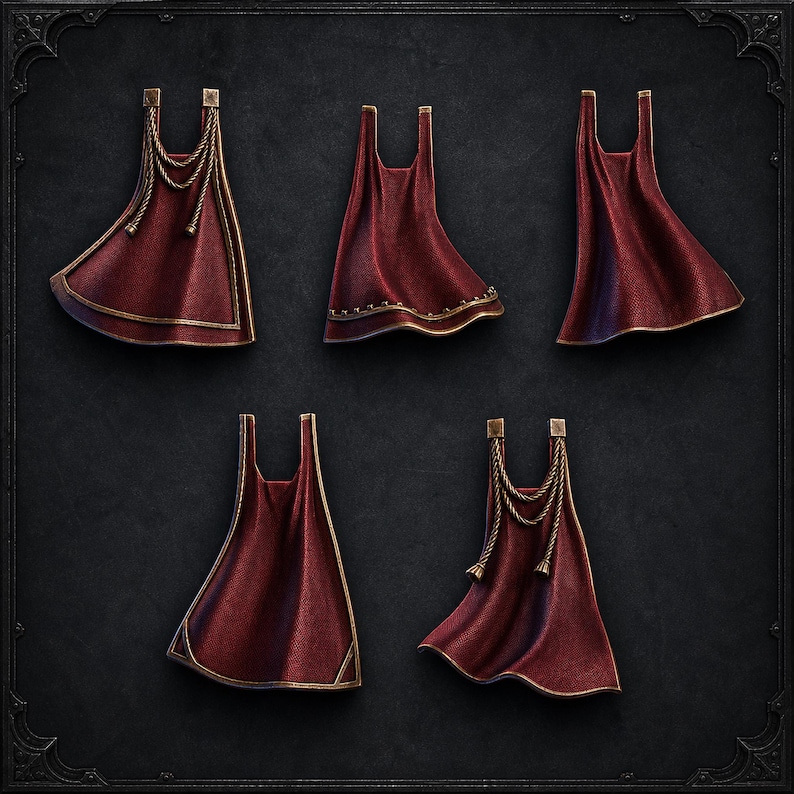 May include: A collection of five miniature dark red capes with gold-toned trim. Two capes feature decorative gold rope detailing with tassels, one cape has a gold-toned studded hem, and two capes have plain gold-toned edges. All items are sleeveless.