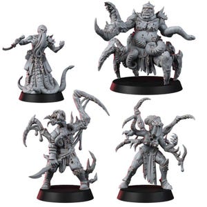 May include: Four gray unpainted tabletop gaming miniatures on black circular bases. The figures include a tentacled humanoid, a large crab-like creature, a winged monster with a blade, and a multi-limbed figure with a veiled head and sharp appendages.
