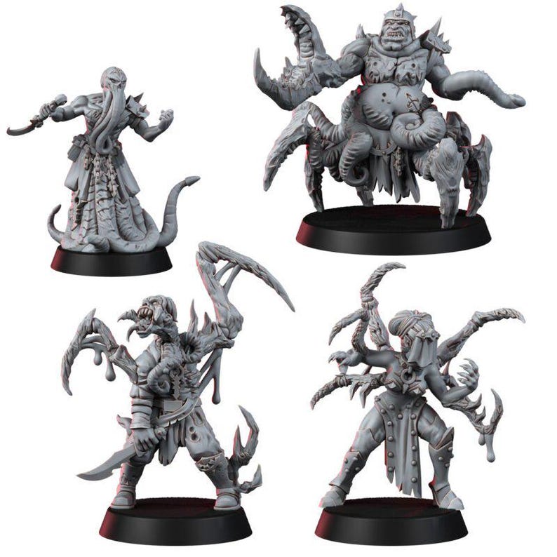 May include: Four gray unpainted tabletop gaming miniatures on black circular bases. The figures include a tentacled humanoid, a large crab-like creature, a winged monster with a blade, and a multi-limbed figure with a veiled head and sharp appendages.