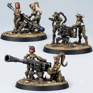 May include: Three sets of miniature figurines featuring female characters with horns, dressed in olive green tactical gear. Each set includes a heavy weapon, such as a gatling gun or cannon, mounted on a circular base with a sandy, skull-strewn terrain.