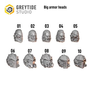 May include: A set of ten grey miniature resin heads labelled Greytide Studio Big armour heads. The first five are unhelmeted faces with various expressions and hairstyles, while the last five are detailed armoured helmets with visors and vents.