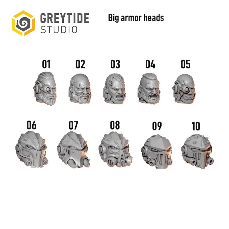 May include: A set of ten grey miniature resin heads labelled Greytide Studio Big armour heads. The first five are unhelmeted faces with various expressions and hairstyles, while the last five are detailed armoured helmets with visors and vents.