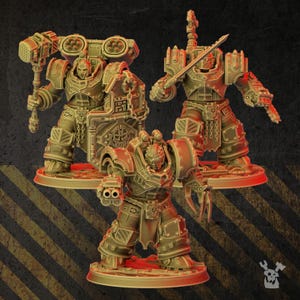 May include: Three miniature armored figures in a golden-brown tone. One figure holds a large hammer and shield, another wields a sword, and the third features a clawed hand and dual-barreled weapon. Each figure stands on a circular base.