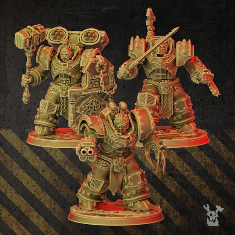 May include: Three miniature armored figures in a golden-brown tone. One figure holds a large hammer and shield, another wields a sword, and the third features a clawed hand and dual-barreled weapon. Each figure stands on a circular base.