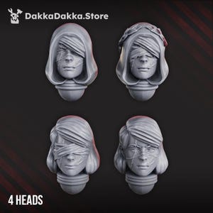 May include: Four grey miniature resin heads from DakkaDakka.Store, each featuring distinct facial details including blindfolds, hoods, and scar-like markings. These sculpted heads are designed for tabletop gaming figures and display varied hairstyles.