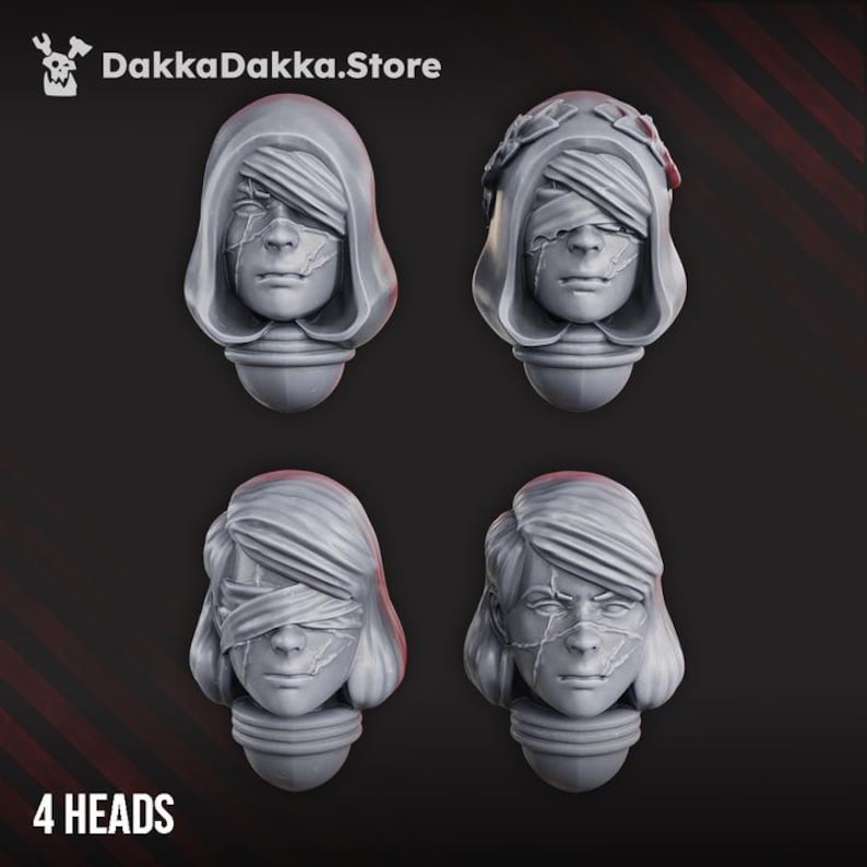 May include: Four grey miniature resin heads from DakkaDakka.Store, each featuring distinct facial details including blindfolds, hoods, and scar-like markings. These sculpted heads are designed for tabletop gaming figures and display varied hairstyles.