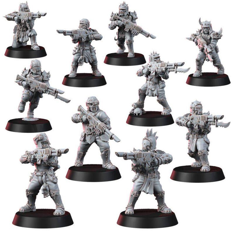 K&ouml;nnte beinhalten: Eine Sammlung von zehn unbemalten grauen Kunststoff-Miniatur-Soldatenfiguren, die jeweils auf einem runden schwarzen Sockel stehen. Die Figuren sind mit futuristischen Gewehren, Stachelhelmen und taktischer R&uuml;stung in Kampfposen ausgestattet.