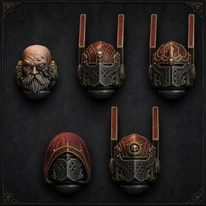 Peut inclure: Un ensemble de cinq t&ecirc;tes et casques miniatures comprenant un personnage barbu avec un &oelig;il cybern&eacute;tique, trois casques blind&eacute;s distincts avec des antennes verticales et des embl&egrave;mes de cr&acirc;ne, et un casque partiellement recouvert d'une capuche rouge.