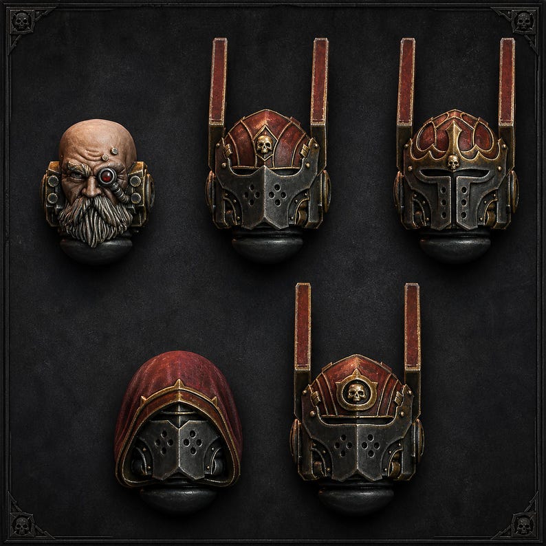 Peut inclure: Un ensemble de cinq t&ecirc;tes et casques miniatures comprenant un personnage barbu avec un &oelig;il cybern&eacute;tique, trois casques blind&eacute;s distincts avec des antennes verticales et des embl&egrave;mes de cr&acirc;ne, et un casque partiellement recouvert d'une capuche rouge.