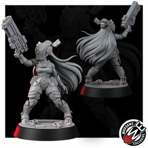 Peut inclure: Une figurine miniature en r&eacute;sine grise repr&eacute;sentant un guerrier futuriste aux longs cheveux flottants, portant une armure tactique et un casque, tenant un gros pistolet dans une main lev&eacute;e. La figurine repose sur un socle circulaire avec des cr&acirc;nes.