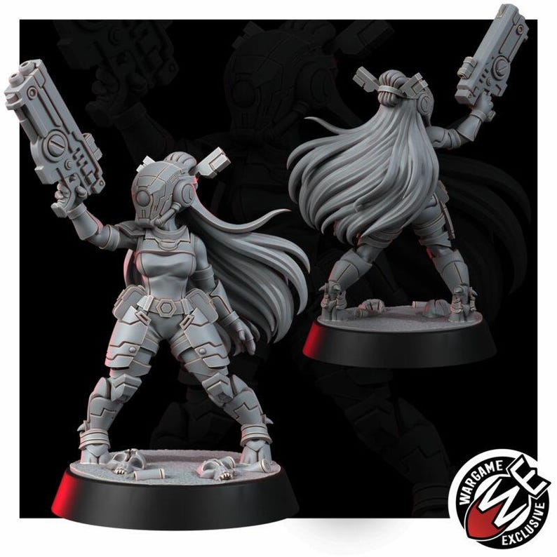 Peut inclure: Une figurine miniature en r&eacute;sine grise repr&eacute;sentant un guerrier futuriste aux longs cheveux flottants, portant une armure tactique et un casque, tenant un gros pistolet dans une main lev&eacute;e. La figurine repose sur un socle circulaire avec des cr&acirc;nes.