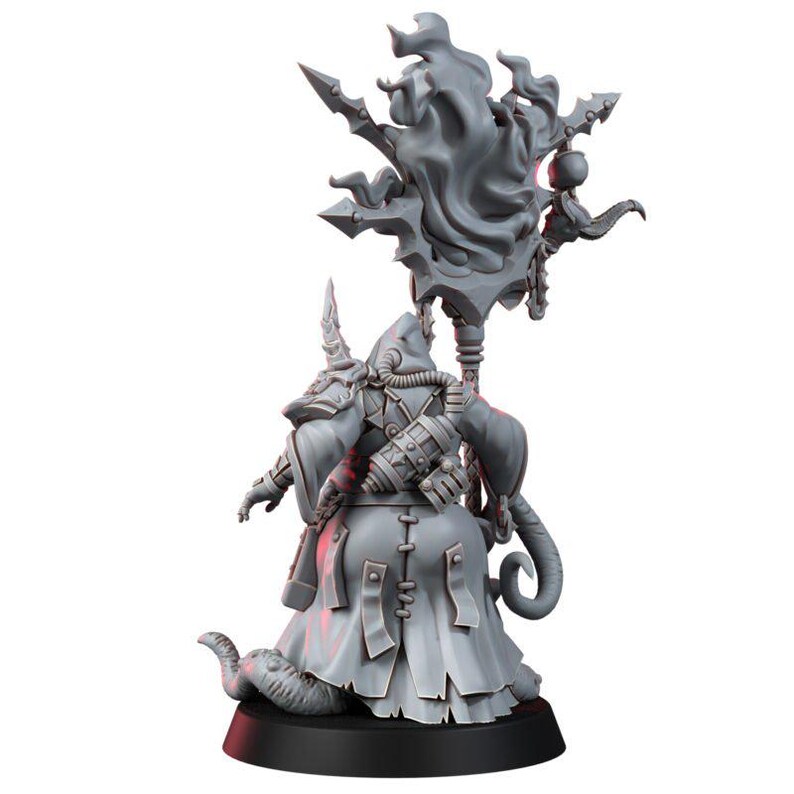 May include: A gray resin miniature figure of a hooded character wearing a long robe with a back-mounted tank and tubing. The figure holds a tall staff topped with a large, swirling flame-like structure and stands on a circular base.