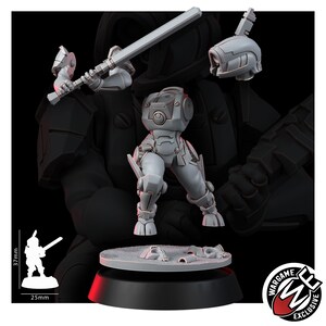 May include: A light gray resin miniature kit featuring a sci-fi warrior torso, a separate helmet, and an arm holding a long sword. The set includes a circular base with skull details and a reference graphic showing a 37mm height and 25mm width.