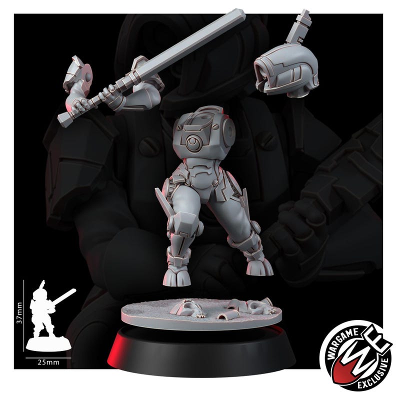 May include: A light gray resin miniature kit featuring a sci-fi warrior torso, a separate helmet, and an arm holding a long sword. The set includes a circular base with skull details and a reference graphic showing a 37mm height and 25mm width.