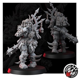 K&ouml;nnte beinhalten: Eine graue Miniaturfigur eines Kriegers mit einem einzelnen Horn, stacheliger Schulterpanzerung und einem mit Totenk&ouml;pfen verzierten G&uuml;rtel. Die Figur h&auml;lt eine stachelige Keule und tr&auml;gt einen Rucksack mit h&auml;ngenden Totenkopf-Anh&auml;ngern. Wargame Exclusive Logo.