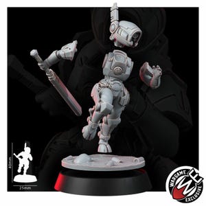 May include: A grey resin miniature of a futuristic soldier in powered armor, featuring a helmet with an antenna, a torso, and legs. The figure holds a sword in its right hand and stands on a circular base. A scale reference shows a 40mm height and 25mm base.
