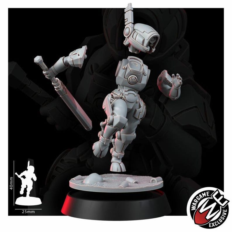 May include: A grey resin miniature of a futuristic soldier in powered armor, featuring a helmet with an antenna, a torso, and legs. The figure holds a sword in its right hand and stands on a circular base. A scale reference shows a 40mm height and 25mm base.