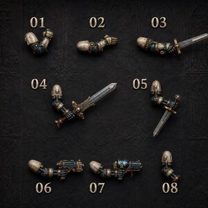 May include: A collection of eight miniature armored arm components for tabletop gaming figures, numbered 01 through 08. The pieces feature metallic silver, blue, and gold detailing, including pauldrons with skull motifs, swords, and futuristic pistols.