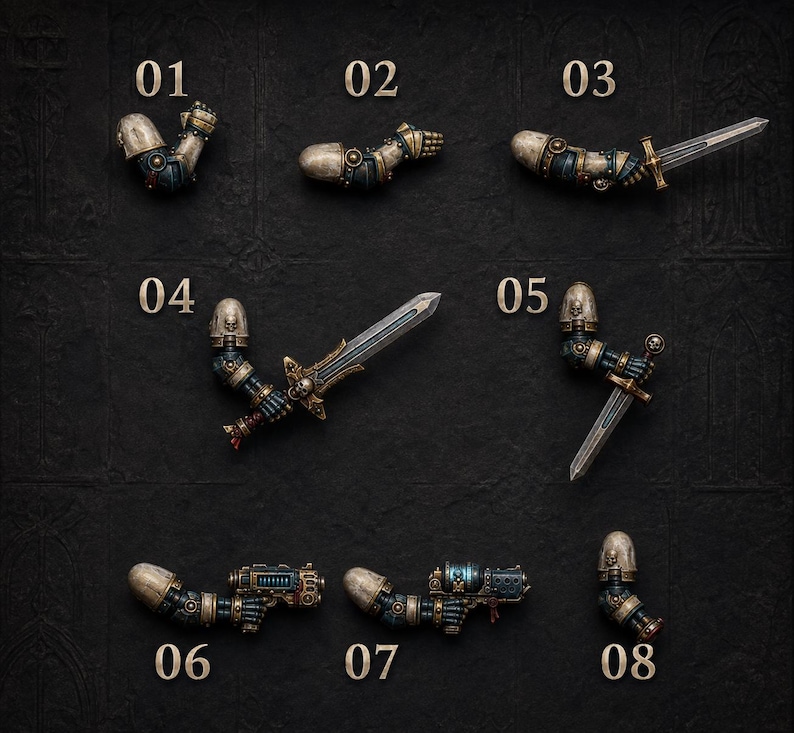 May include: A collection of eight miniature armored arm components for tabletop gaming figures, numbered 01 through 08. The pieces feature metallic silver, blue, and gold detailing, including pauldrons with skull motifs, swords, and futuristic pistols.