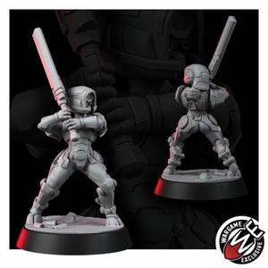 May include: A gray miniature figurine of a futuristic soldier in tactical armor, holding a large rectangular blade weapon with both hands. The figure stands on a circular base, shown from two different angles, with a Wargame Exclusive logo visible.