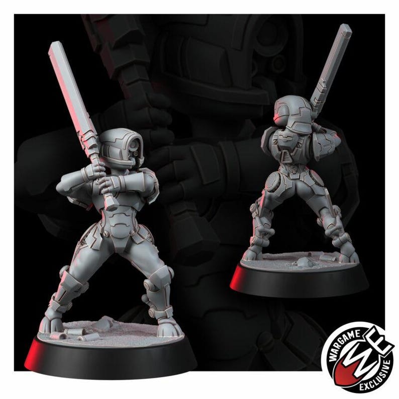 May include: A gray miniature figurine of a futuristic soldier in tactical armor, holding a large rectangular blade weapon with both hands. The figure stands on a circular base, shown from two different angles, with a Wargame Exclusive logo visible.