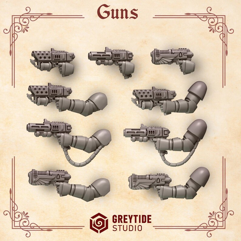 May include: A collection of eight grey miniature plastic guns, some attached to robotic arms with shoulder pads, arranged in rows. The top text reads Guns and the bottom logo reads GREYTIDE STUDIO. The items feature various barrel designs.