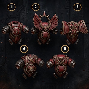 May include: Five miniature red and bronze power armor jump packs labeled one through five. Each unit features a central circular vent, side thrusters with glowing orange interiors, and distinct decorative elements including wings, skulls, and crosses.