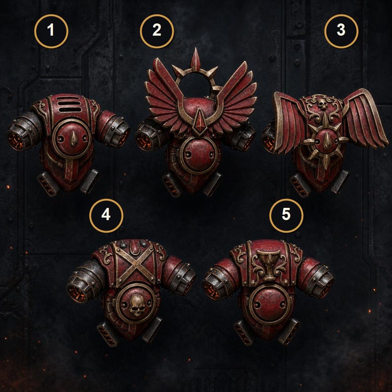 May include: Five miniature red and bronze power armor jump packs labeled one through five. Each unit features a central circular vent, side thrusters with glowing orange interiors, and distinct decorative elements including wings, skulls, and crosses.