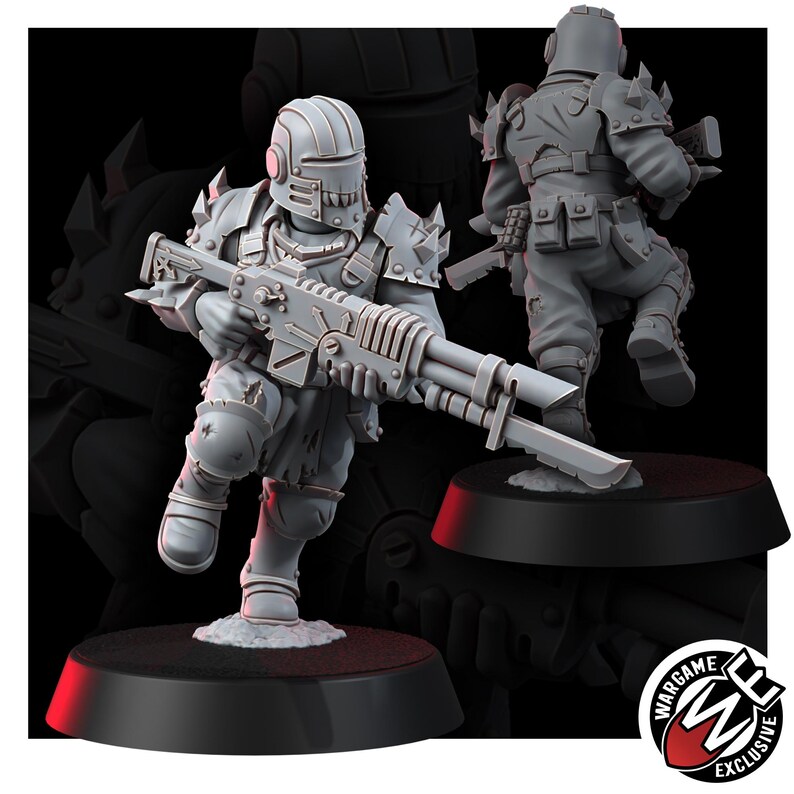K&ouml;nnte beinhalten: Eine graue Miniatur-Soldatenfigur mit Stachelhelm und R&uuml;stung, die ein langes Gewehr mit aufgesetztem Bajonett h&auml;lt. Die Figur befindet sich in einer Laufpose auf einem runden schwarzen Sockel. Ein Logo mit dem Text Wargame Exclusive ist sichtbar.