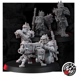 May include: A set of three grey unpainted miniature figures featuring armored soldiers with spiked helmets and gear. One figure operates a heavy mounted machine gun on a tripod, while the others stand or kneel nearby. Includes a Wargame Exclusive logo.