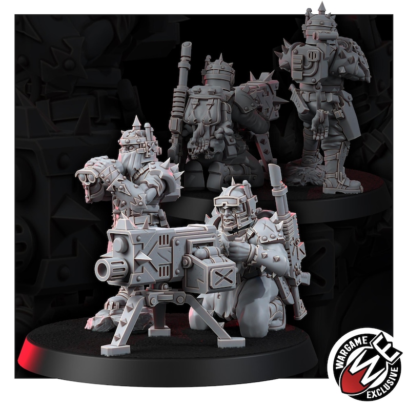 May include: A set of three grey unpainted miniature figures featuring armored soldiers with spiked helmets and gear. One figure operates a heavy mounted machine gun on a tripod, while the others stand or kneel nearby. Includes a Wargame Exclusive logo.