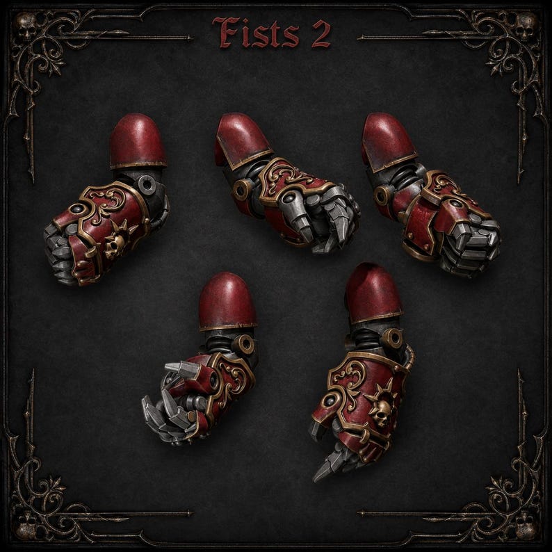 May include: Five miniature robotic gauntlets labeled Fists 2. Each piece features a deep red armor plating with ornate gold filigree, metallic silver joints, and a skull emblem on the knuckles. The gauntlets are displayed in various poses.