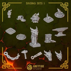 May include: A collection of grey miniature basing bits labeled Basing Bits 1, including a dragon head pillar, an anvil, chains, a hammer, tongs, grates, and fire elements. The set features various small sculpted accessories for tabletop gaming.