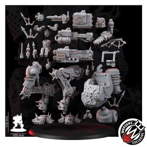 May include: A collection of unpainted grey resin miniature parts for a mechanical walker, including heavy weaponry, armored torso sections, spiked leg components, and skull-adorned accessories. A scale reference shows a 115 mm height and 100 mm base.