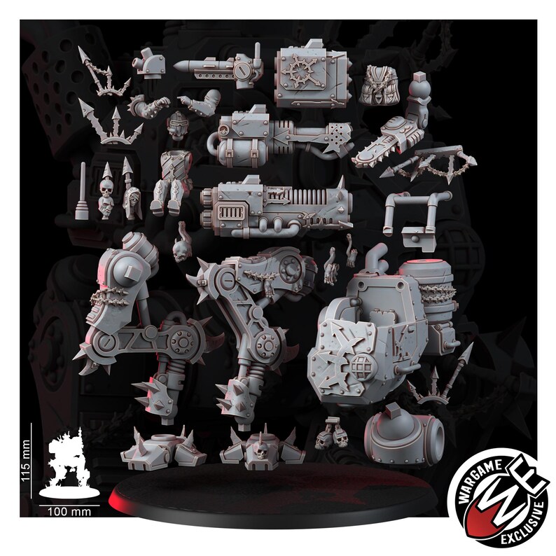 May include: A collection of unpainted grey resin miniature parts for a mechanical walker, including heavy weaponry, armored torso sections, spiked leg components, and skull-adorned accessories. A scale reference shows a 115 mm height and 100 mm base.