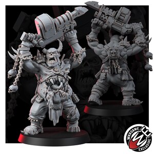 May include: A grey miniature figure of a muscular orc with horns, holding a large mechanical weapon overhead. The figure features a gaping mouth on its torso, chains with skulls, and rugged pants. A Wargame Exclusive logo is in the corner.