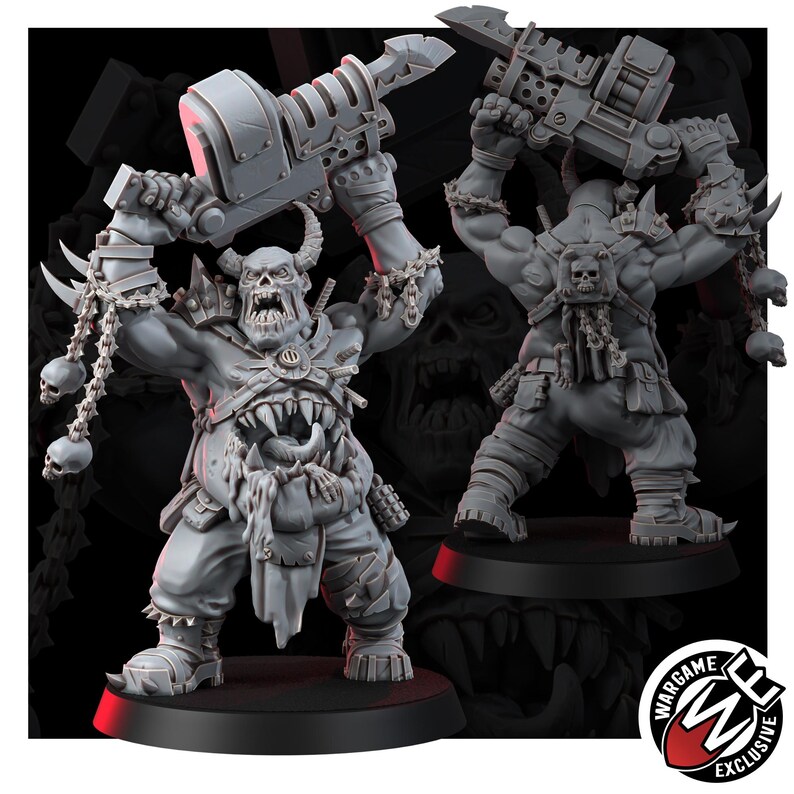 May include: A grey miniature figure of a muscular orc with horns, holding a large mechanical weapon overhead. The figure features a gaping mouth on its torso, chains with skulls, and rugged pants. A Wargame Exclusive logo is in the corner.