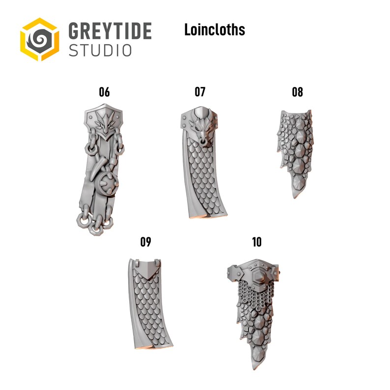 May include: A collection of five grey miniature loincloths labeled 06 through 10 from Greytide Studio. Each piece features distinct sculpted details including dragon heads, scale patterns, chainmail textures, and hanging accessories in a matte finish.